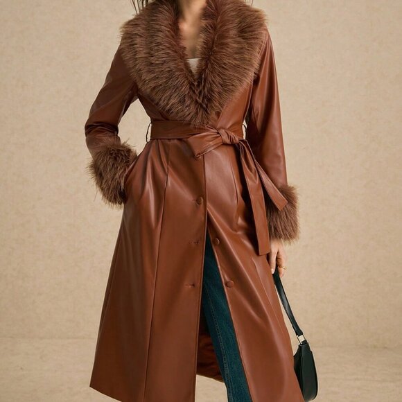 Coffee Brown Elegant Women's Faux Fur Collar Faux Leather Trench Coat